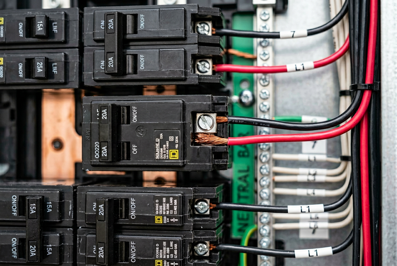 Two separate wires terminated under the same breaker screw — a double-tap defect