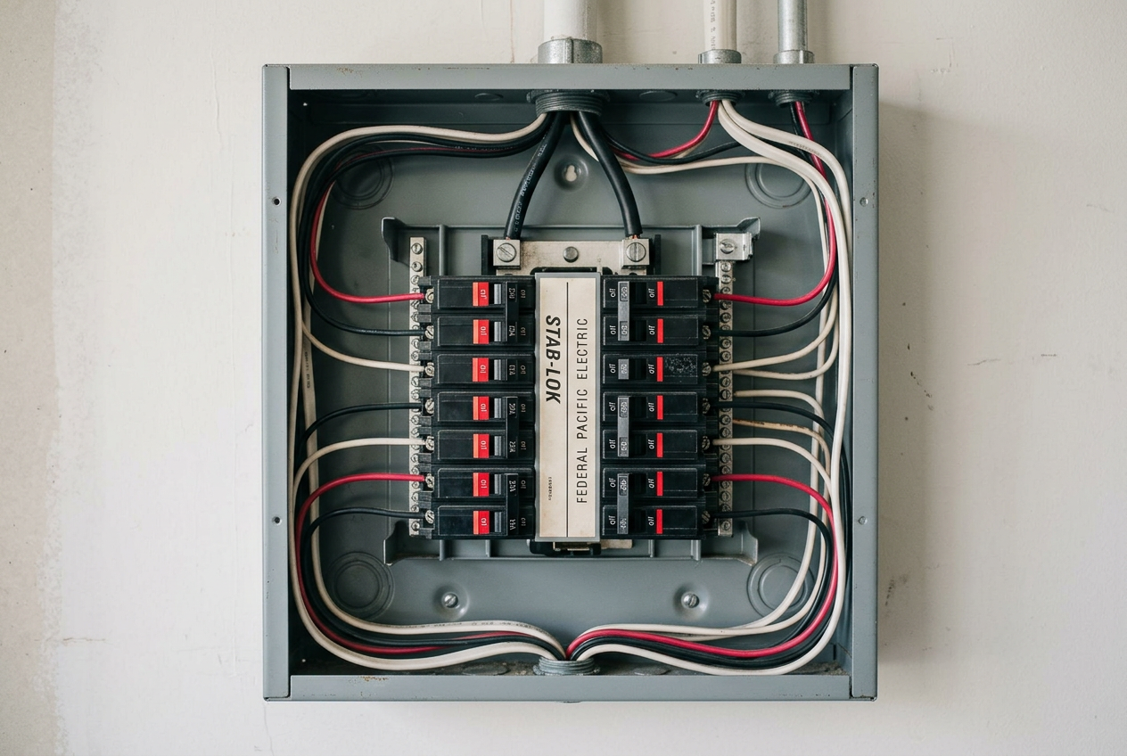 Aged Federal Pacific Stab-Lok electrical panel with red-indicator breakers