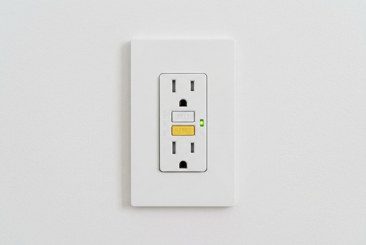 Modern GFCI outlet with test and reset buttons installed in a tiled bathroom