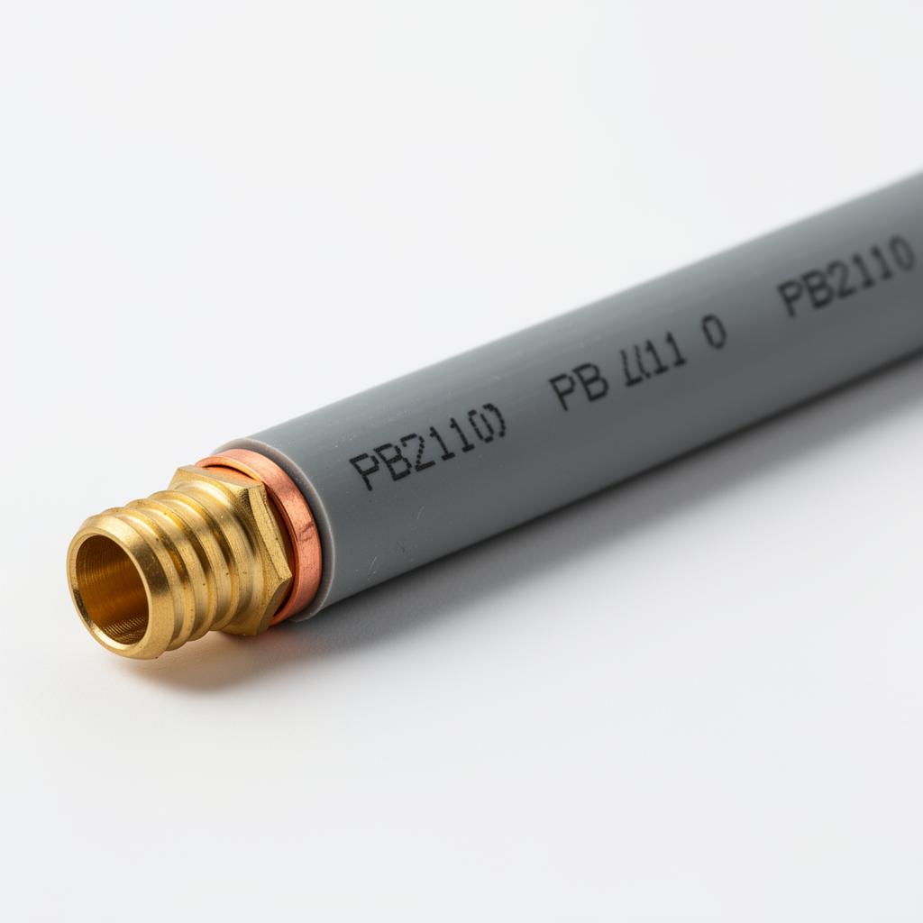 Grey polybutylene plumbing pipe with copper crimp fittings showing a split