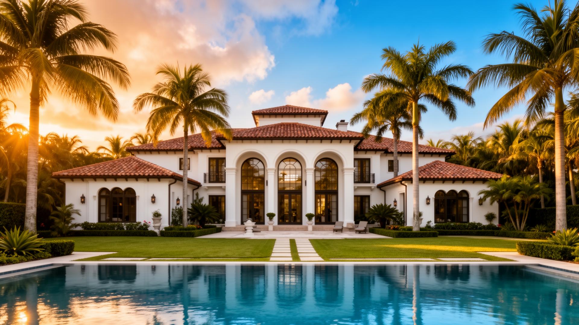 Luxury tropical South Florida mansion at golden hour